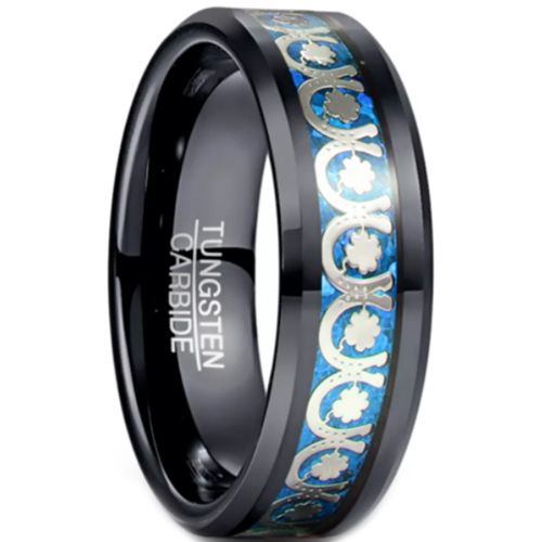 **COI Black Tungsten Carbide Horseshoe & Clover Ring With Blue/Green/Red Crushed Opal-7282AA