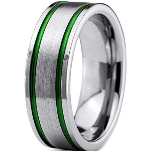 **COI Tungsten Carbide Silver Green Double Grooves Ring-7323