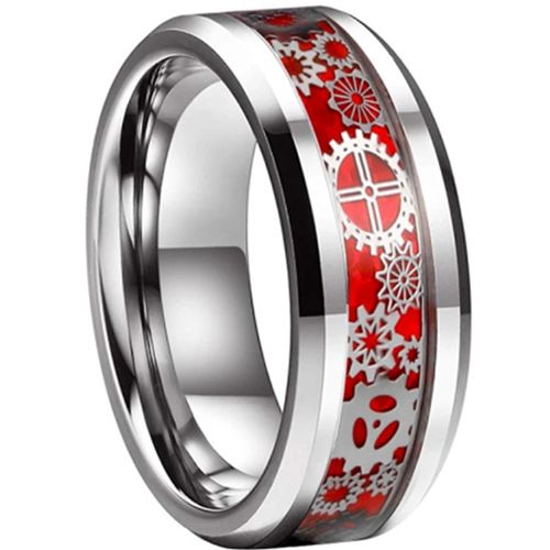 **COI Tungsten Carbide Gears Beveled Edges Ring With Red Carbon Fiber-7363BB