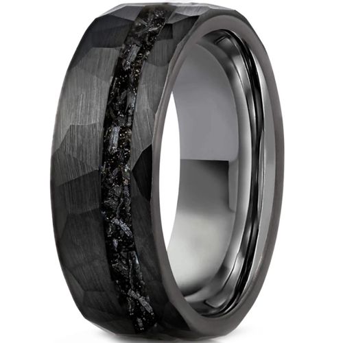 **COI Black Tungsten Carbide Hammered Ring With Meteorite-7663BB