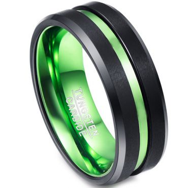 COI Tungsten Carbide Black Green Center Groove Ring-TG1383