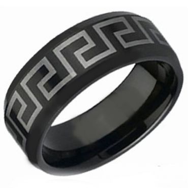*COI Black Tungsten Carbide Greek Key Beveled Edges Ring-TG2090