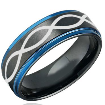 *COI Tungsten Carbide Black Blue Infinity Step Edges Ring-TG3466B