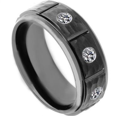 COI Black Tungsten Carbide Hammered Ring With Zirconia-TG4181