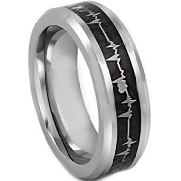 *COI Tungsten Carbide Heartbeat & Heart Ring With Carbon Fiber-4311