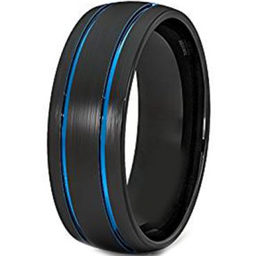 *COI Tungsten Carbide Black Blue Double Grooves Ring-TG4372