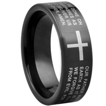 *COI Black Tungsten Carbide Cross Scripture Pipe Cut Ring-4407