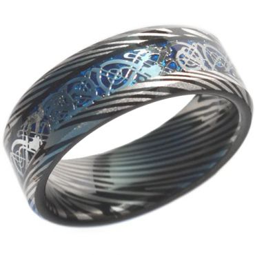 COI Black Blue Tungsten Carbide Dragon Damascus Ring-TG4472