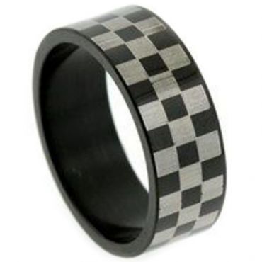 *COI Tungsten Carbide Black Silver Checkered Flag Pipe Cut Ring-TG5256