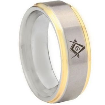 *COI Tungsten Carbide Gold Tone Silver Masonic Step Edges Ring-5442