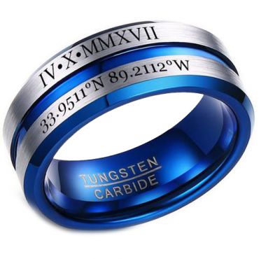 COI Tungsten Carbide Blue Silver Beveled Edges Ring With Custom Roman Numerals-5454