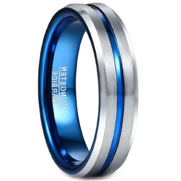 COI Tungsten Carbide Blue Silver Center Groove Beveled Edges Ring-5490