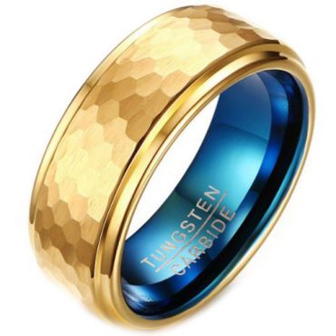 COI Tungsten Carbide Gold Tone Blue Hammered Step Edges Ring-5642