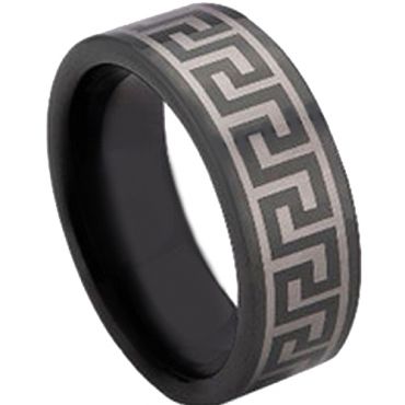 COI Black Tungsten Carbide Greek Key Pipe Cut Flat Ring-TG673