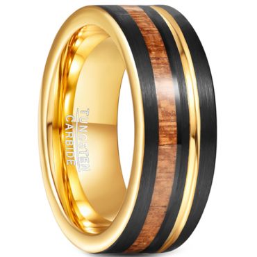 **COI Tungsten Carbide Black Gold Tone Wood Pipe Cut Flat Ring-7285AA