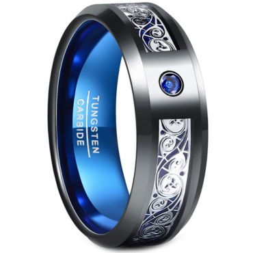 **COI Tungsten Carbide Black Blue Celtic Ring With Created Blue Sapphire-7287AA