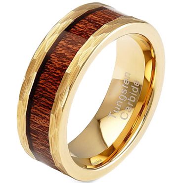 **COI Gold Tone Tungsten Carbide Hammered Ring With Wood-7319