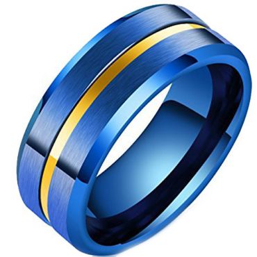 **COI Tungsten Carbide Blue Yellow Center Groove Beveled Edges Ring-7320