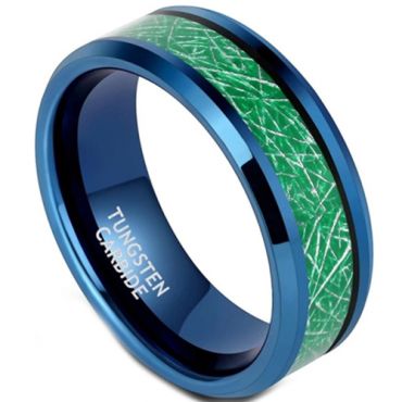 **COI Blue Tungsten Carbide Beveled Edges Ring With Green Meteorite-7362BB