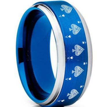 **COI Tungsten Carbide Blue Silver Ace of Spades Beveled Edges Ring-7449BB