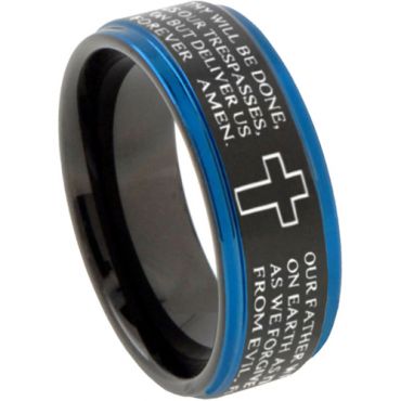 **COI Tungsten Carbide Black Blue Cross Prayer Step Edges Ring-7480DD