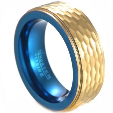**COI Tungsten Carbide Blue Gold Tone Hammered Step Edges Ring-7494BB