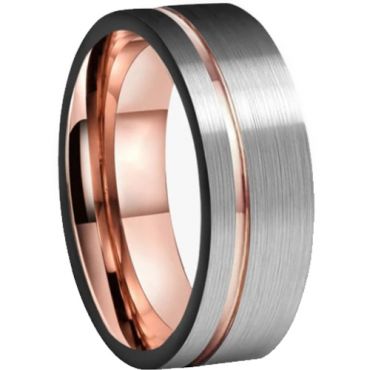 **COI Tungsten Carbide Rose Silver Offset Groove Pipe Cut Flat Ring-7600DD