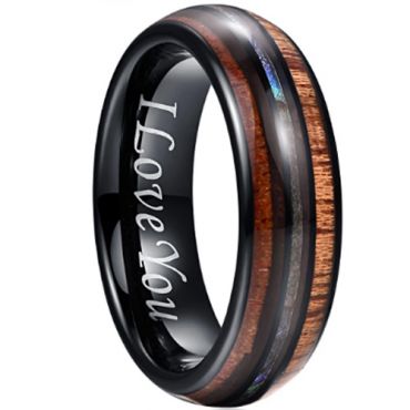 **COI Black Tungsten Carbide Abalone Shell & Wood Dome Court Ring-7622DD