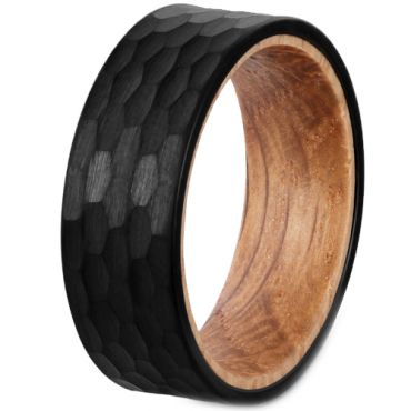 **COI Black Tungsten Carbide Hammered Ring With Wood-7660BB
