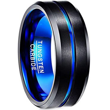 **COI Tungsten Carbide Black Blue Center Groove Beveled Edges Ring-7666BB