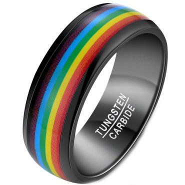 **COI Black Tungsten Carbide Rainbow Pride Dome Court Ring-7784DD