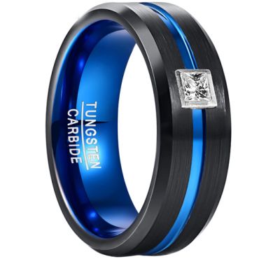 **COI Tungsten Carbide Black Blue Center Groove Beveled Edges Ring With 0.30ct Genuine Diamond-7831DD