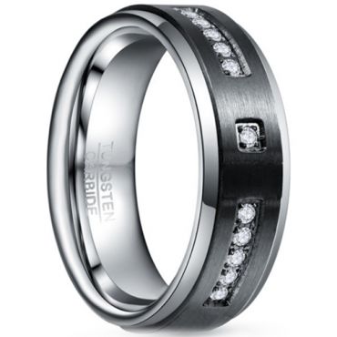 **COI Tungsten Carbide Black Silver Step Edges Ring With Cubic Zirconia-7862DD