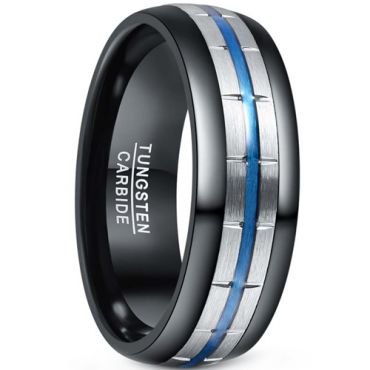 **COI Tungsten Carbide Black Blue Silver Grooves Dome Court Ring-7867DD