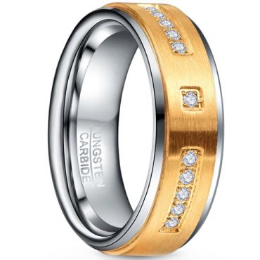 **COI Tungsten Carbide Gold Tone Silver Step Edges Ring With Cubic Zirconia-7868DD