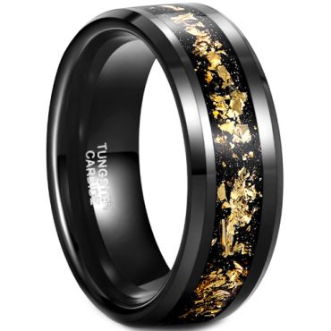**COI Black Tungsten Carbide Beveled Edges Ring With 18K Yellow Gold Foil-7935DD