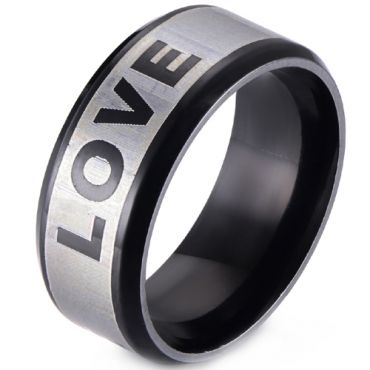 **COI Tungsten Carbide Black Silver Love Beveled Edges Ring-8268CC