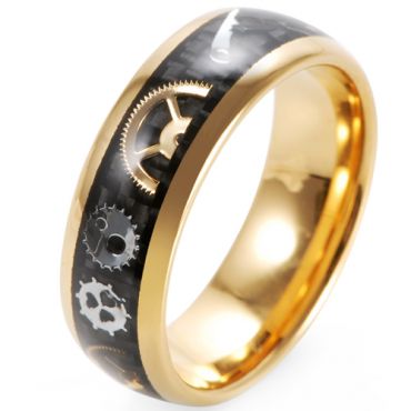 **COI Gold Tone Tungsten Carbide Gears Ring With Carbon Fiber-8290DD