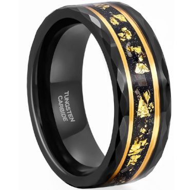 **COI Tungsten Carbide Black Gold Tone Faceted Ring With 18K Yellow Gold Foil-8302DD