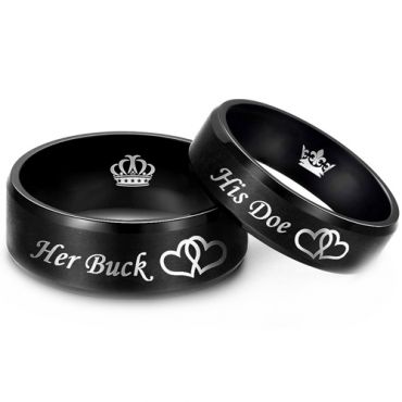 **COI Black Tungsten Carbide Her Buck His Doe Double Hearts Beveled Edges Ring With Crown-8320DD