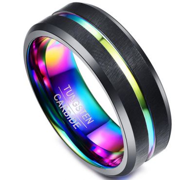 *COI Black Tungsten Carbide Rainbow Pride Ring - TG1414BB