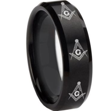 COI Black Tungsten Carbide Masonic Beveled Edges Ring-TG2101B