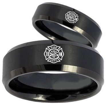 COI Black Tungsten Carbide Fire Fighter Beveled Edges Ring-TG2771