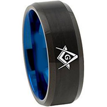 *COI Tungsten Carbide Black Blue Masonic Beveled Edge Ring-TG3618