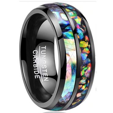 *COI Black Tungsten Carbide Crushed Opal and Abalone Shell Dome Court Ring-4257